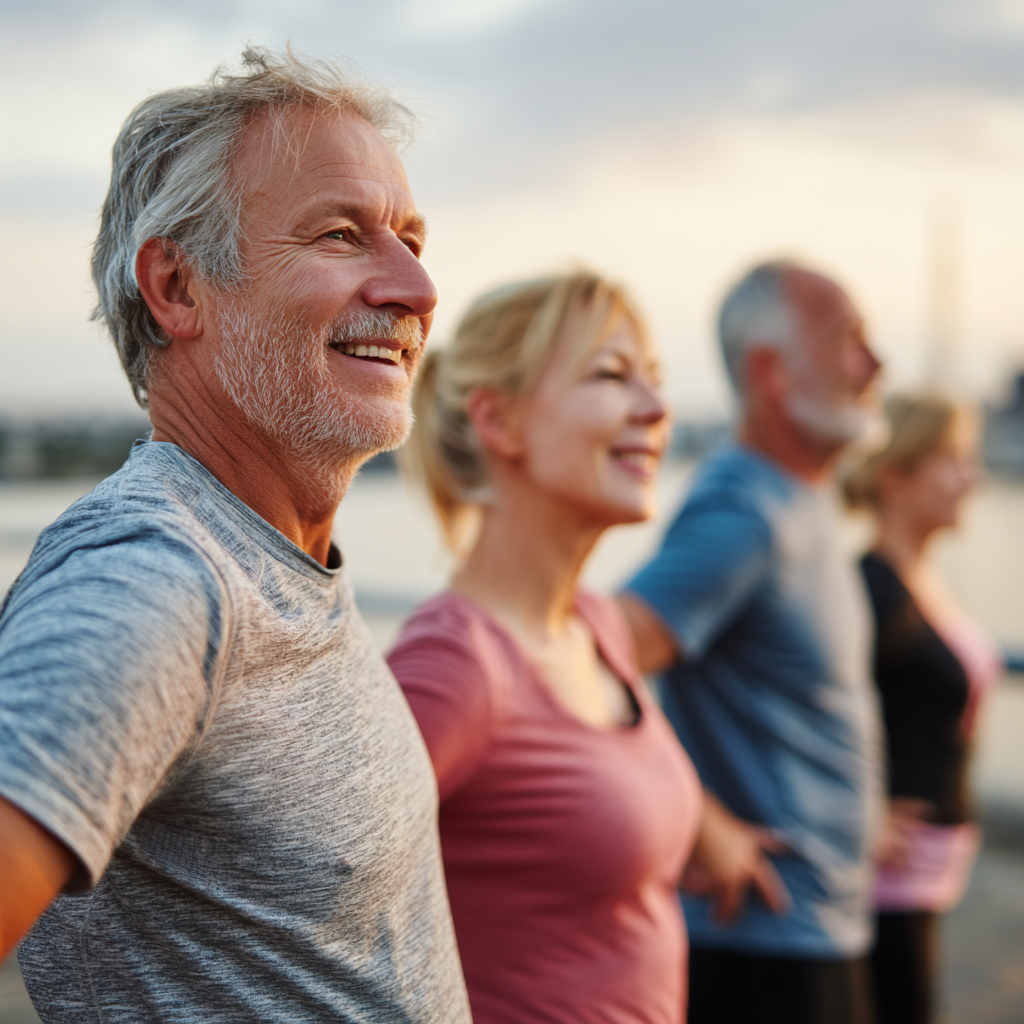 Group of middle-aged adults exercising together outdoors in peaceful setting