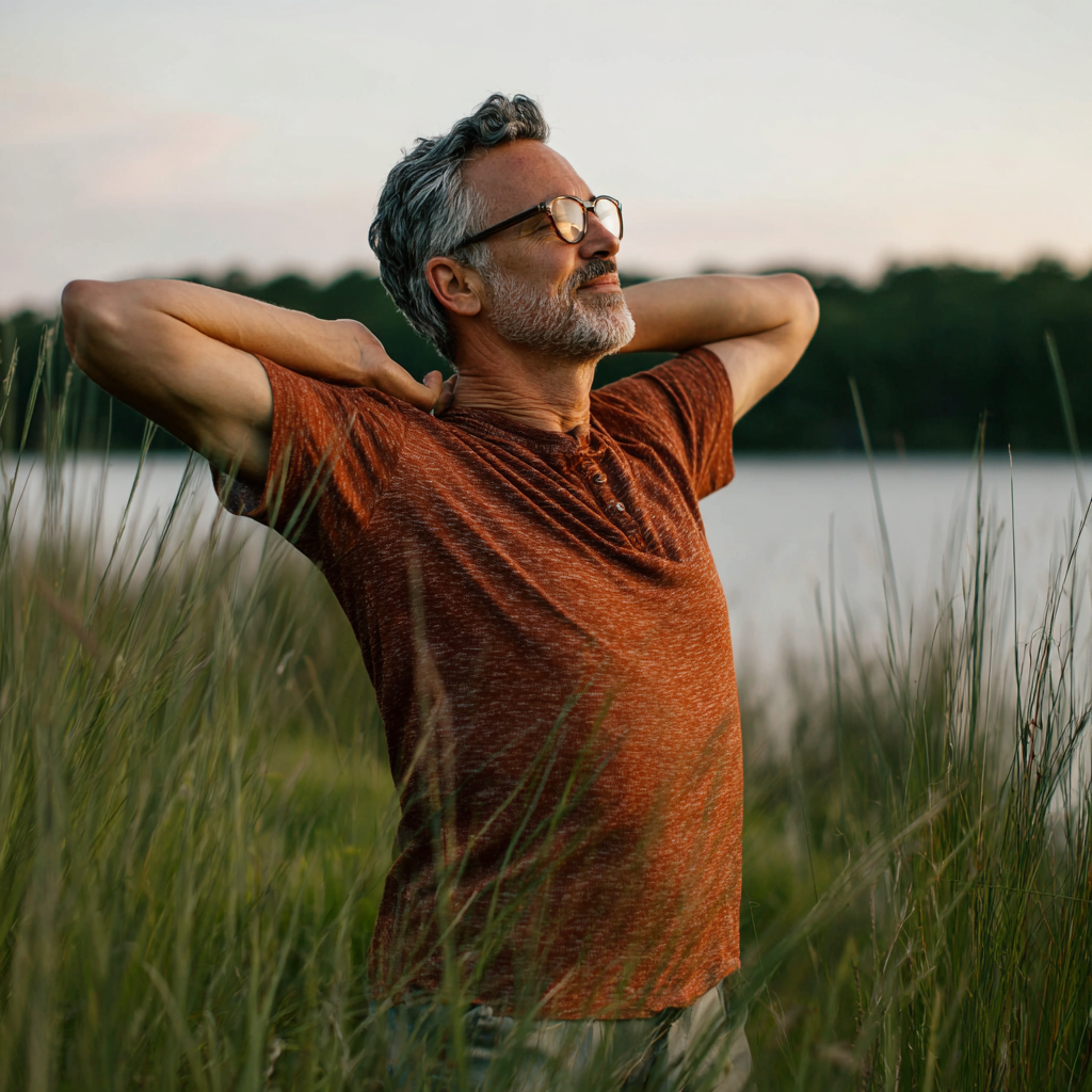Middle-aged adult doing gentle stretching exercises in natural setting