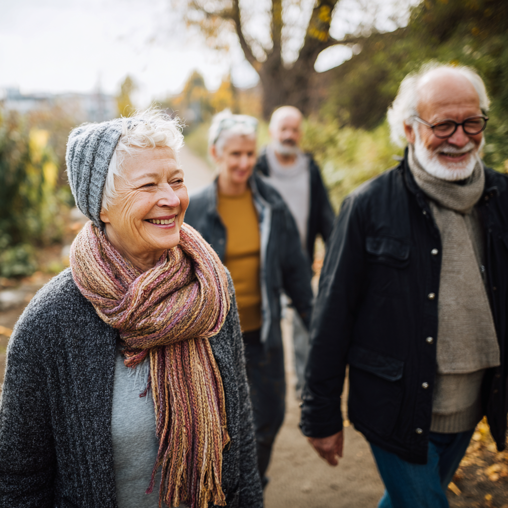 Older adults walking together in park setting
